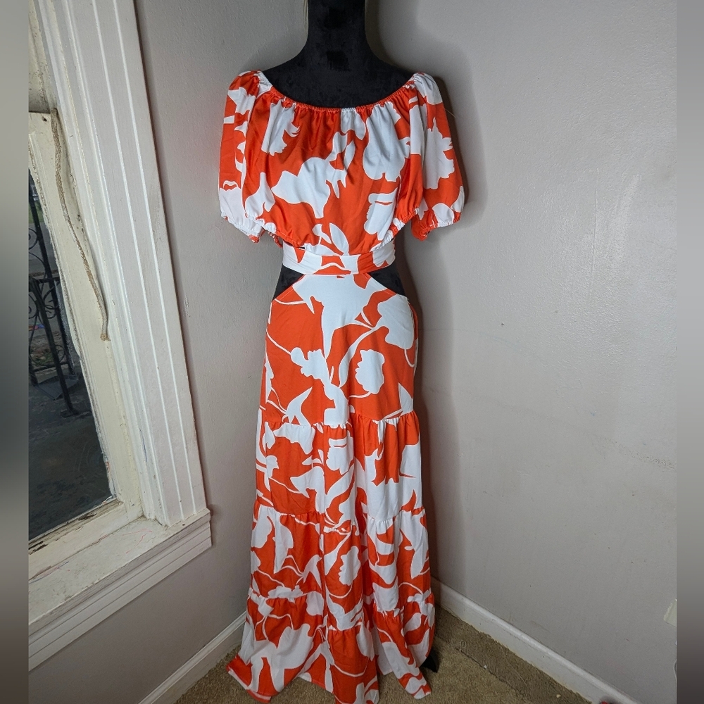 Floral Off-Shoulder Maxi Dress Orange and White